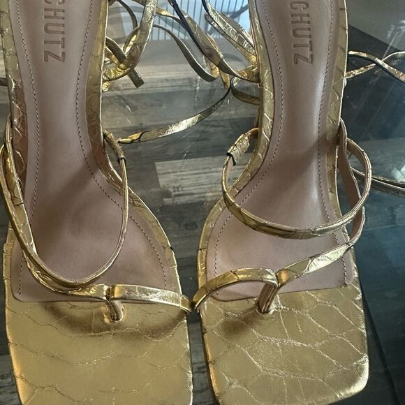 Schutz Gold Strappy Women's Sandals - Picture 5 of 13